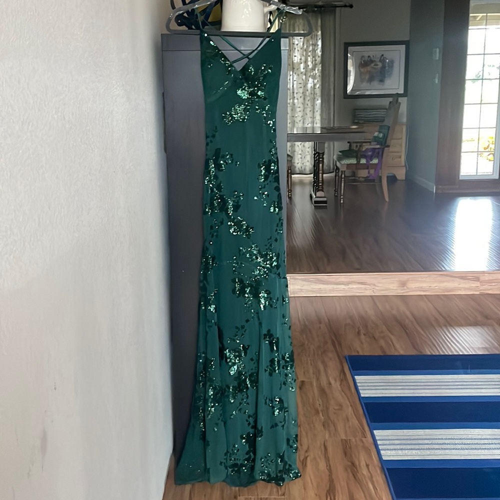 Forest green formal dress with small train and open back